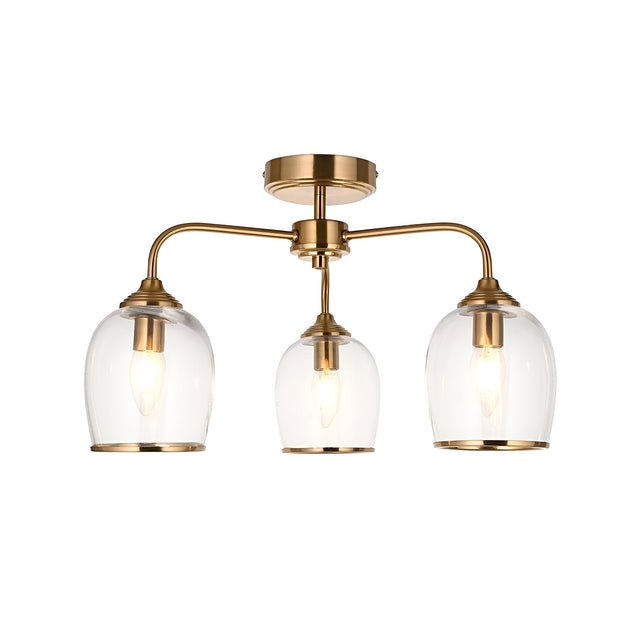 Halstead 3 Light Semi-Flush Ceiling Light in aged brass with three curved arms holding clear glass shades, shown on a plain white background.