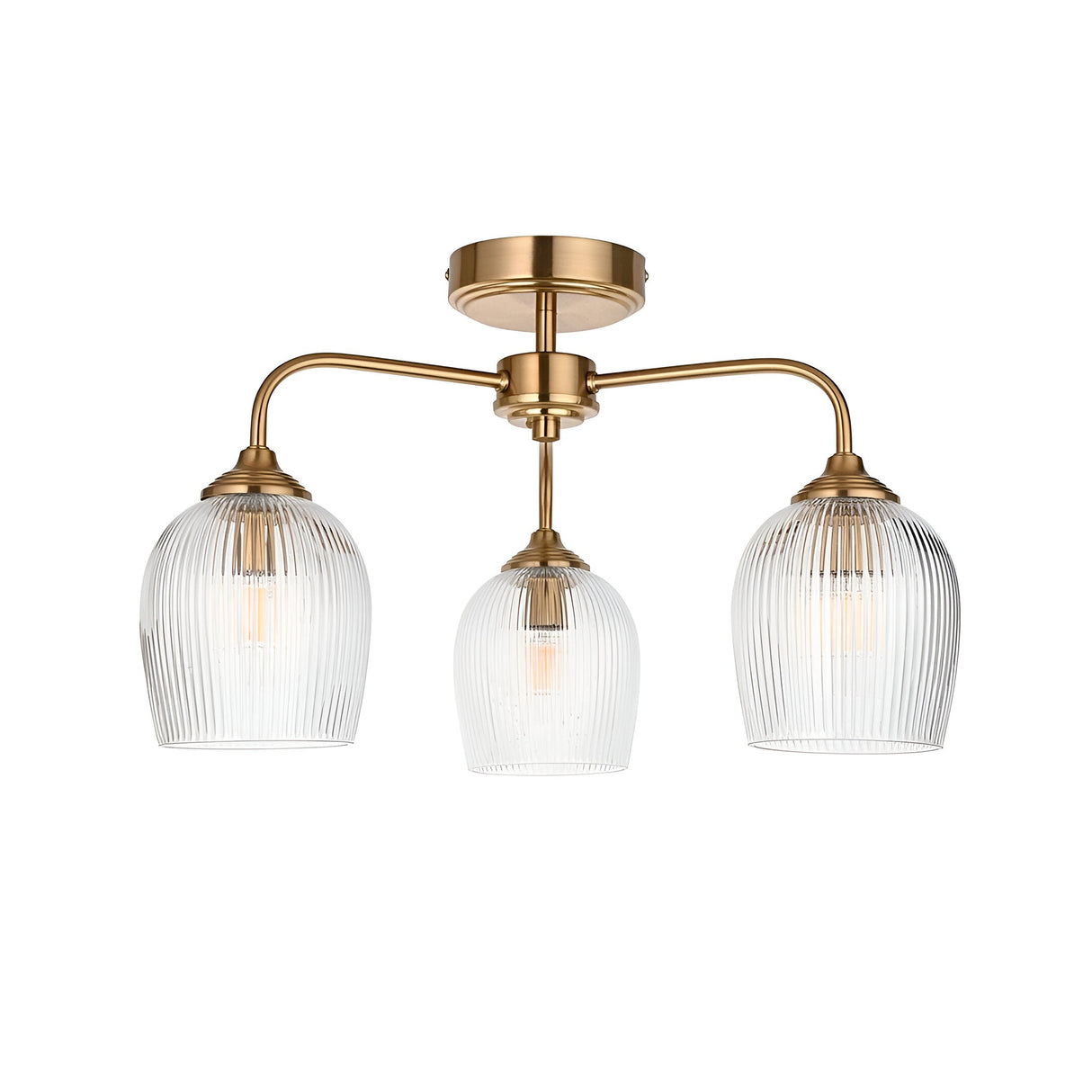 Endon Halstead Ribbed 3 light semi-flush ceiling light in aged brass with three curved arms and ribbed clear glass shades, on a white background.
