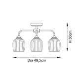 Dimensioned line drawing of the Endon Halstead Ribbed 3 Light semi-flush ceiling light, showing 49.5cm diameter and 30cm height.