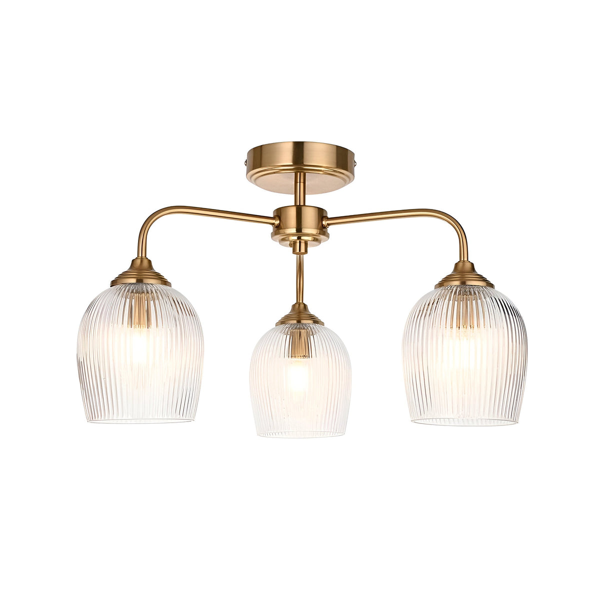 Endon Halstead Ribbed 3 light semi-flush ceiling light in aged brass with three curved arms and ribbed glass tulip shades, on a white background.