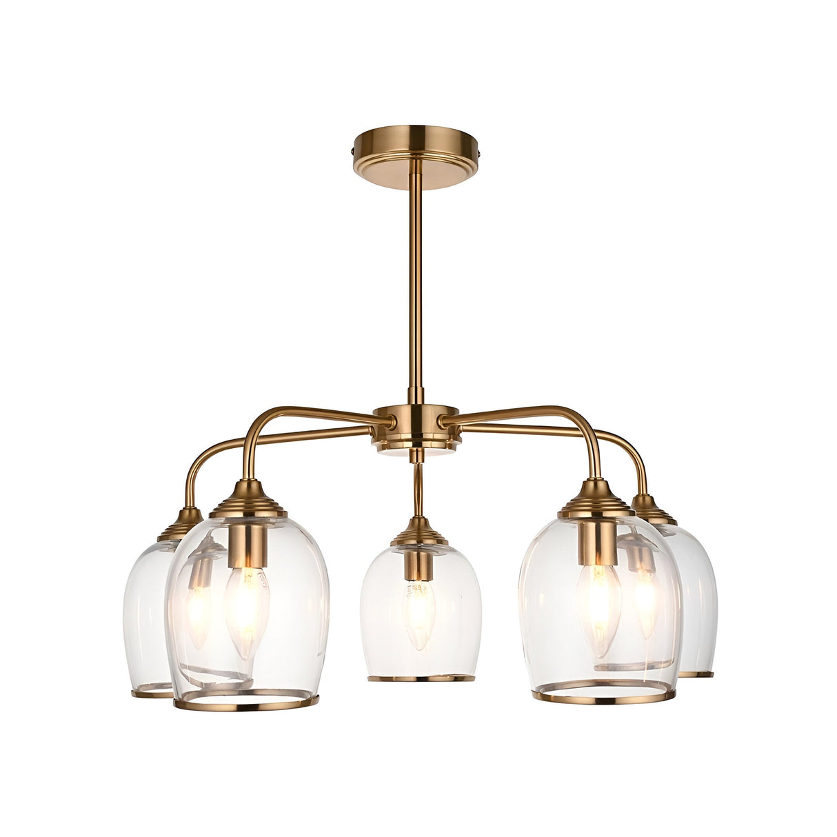 Halstead 5 Light Pendant in brass with arched arms and clear glass shades edged in metal trim, shown on a plain white background.