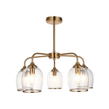 Halstead 5 Light Pendant in brass with arched arms and clear glass shades edged in metal trim, shown on a plain white background.