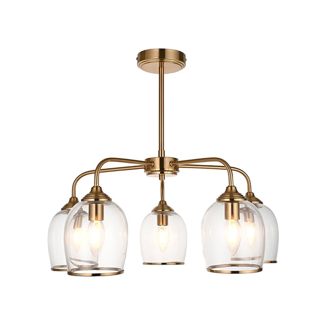 Halstead 5 Light Pendant in brass with arched arms and clear glass shades edged in metal trim, shown on a plain white background.