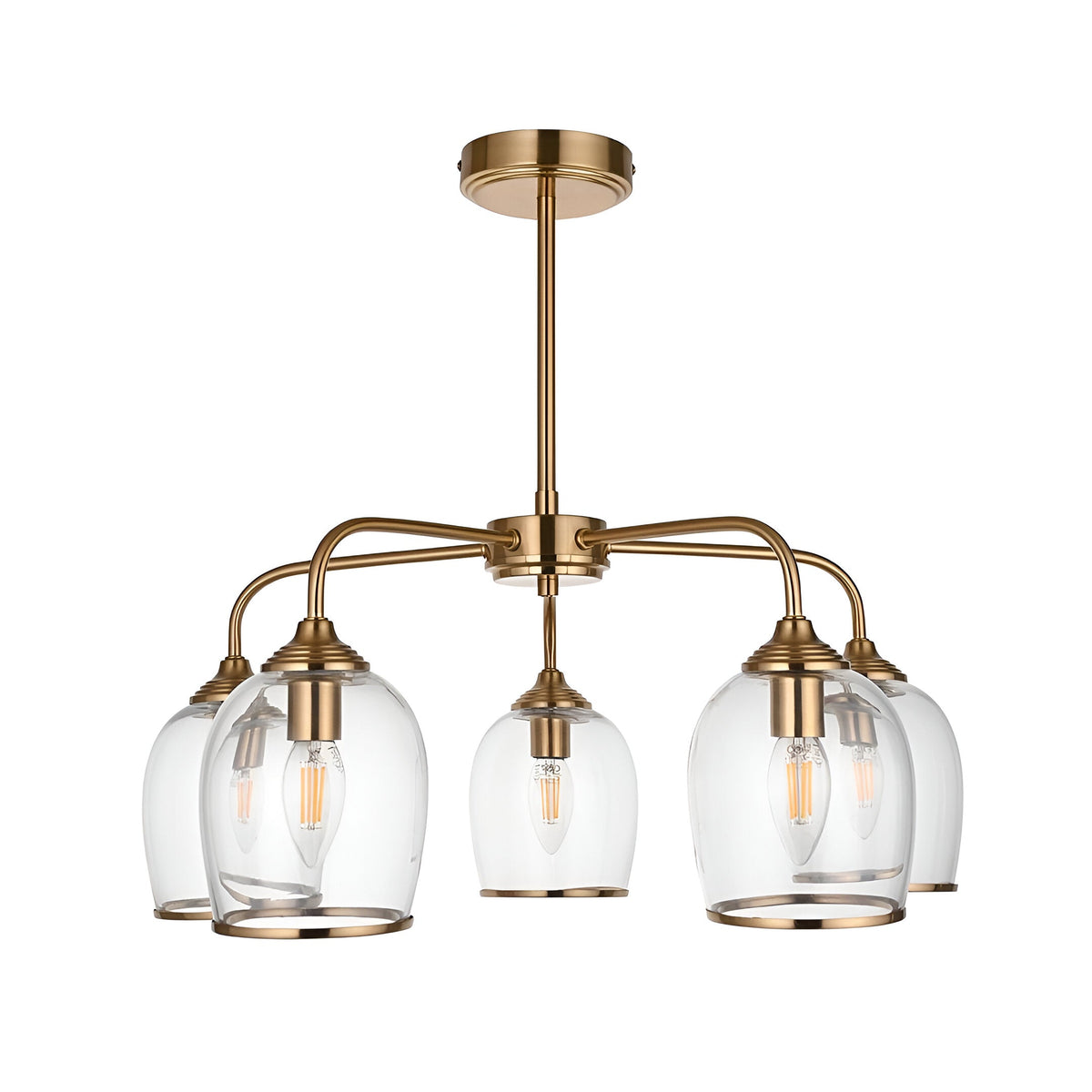 Halstead 5 Light Pendant in brass with arched arms and clear glass shades edged in metal trim, shown on a white background.
