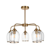 Halstead 5 Light Pendant in brass with arched arms and clear glass shades edged in metal trim, shown on a white background.