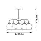 Halstead 5 Light Pendant in brass with arched arms and dome glass shades, technical line drawing showing H 49.5cm and Dia 56.5cm on white background.