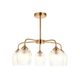 Endon Halstead Ribbed 5 Light semi-flush pendant in brushed brass with five curved arms and fluted clear glass shades, on a white background.