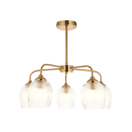 Endon Halstead Ribbed 5 Light semi-flush pendant in brushed brass with five curved arms and fluted clear glass shades, on a white background.