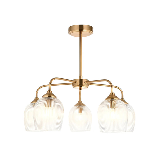 Endon Halstead Ribbed 5 Light semi-flush pendant in brushed brass with five curved arms and fluted clear glass shades, on a white background.