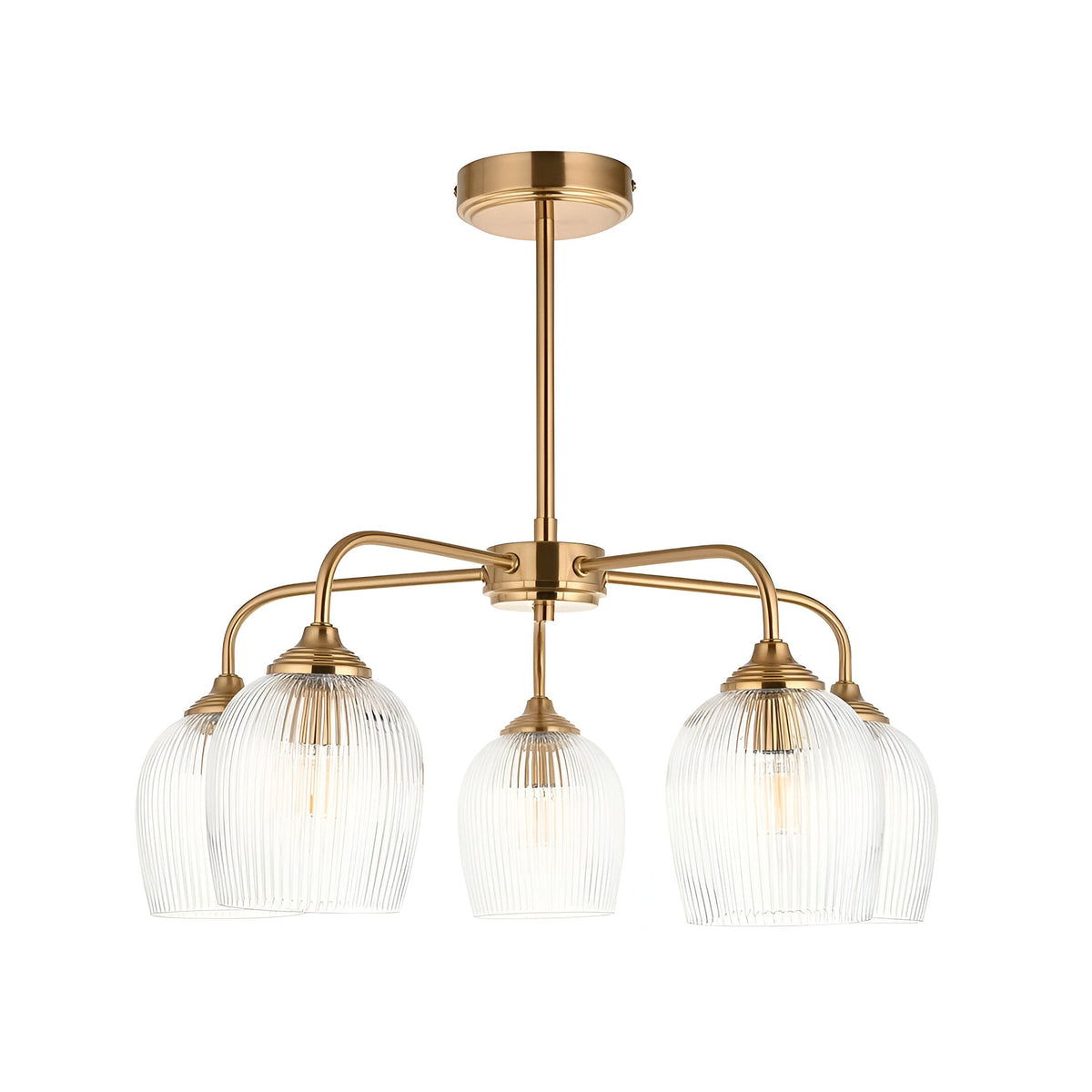 Endon Halstead Ribbed 5 Light semi-flush pendant in brushed brass with five curved arms and fluted clear glass shades, on a white background.
