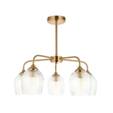 Endon Halstead Ribbed 5 Light semi-flush pendant in brushed brass with five curved arms and fluted clear glass shades, on a white background.