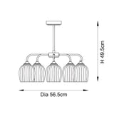 Endon Halstead Ribbed 5 Light Pendant in brass, technical line drawing showing 56.5cm diameter and 49.5cm height on a white background.