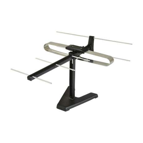 Mercury ST02 UHF indoor TV aerial by AVSL with double reflector loop, multiple rod elements and black plastic stand on a plain white background.