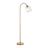 Halstead Floor Lamp in aged brass with a curved stem, round base, and domed clear glass shade framing an exposed bulb, shown on a white background.