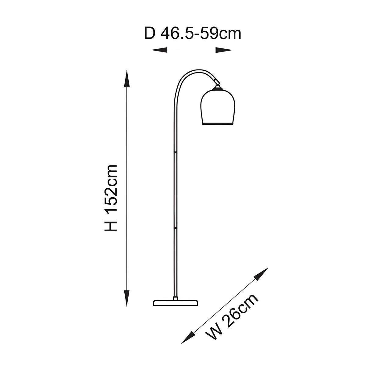 Line drawing of the Halstead Floor Lamp in aged brass showing a curved stem with domed glass shade, base width 26cm and height 152cm.