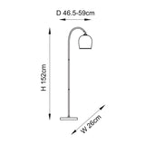 Line drawing of the Halstead Floor Lamp in aged brass showing a curved stem with domed glass shade, base width 26cm and height 152cm.