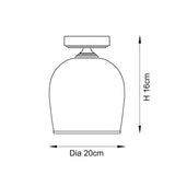 Line drawing of the Halstead Flush Ceiling Light showing a domed glass shade with brass fitting, labelled Dia 20cm and H 16cm on a white background.