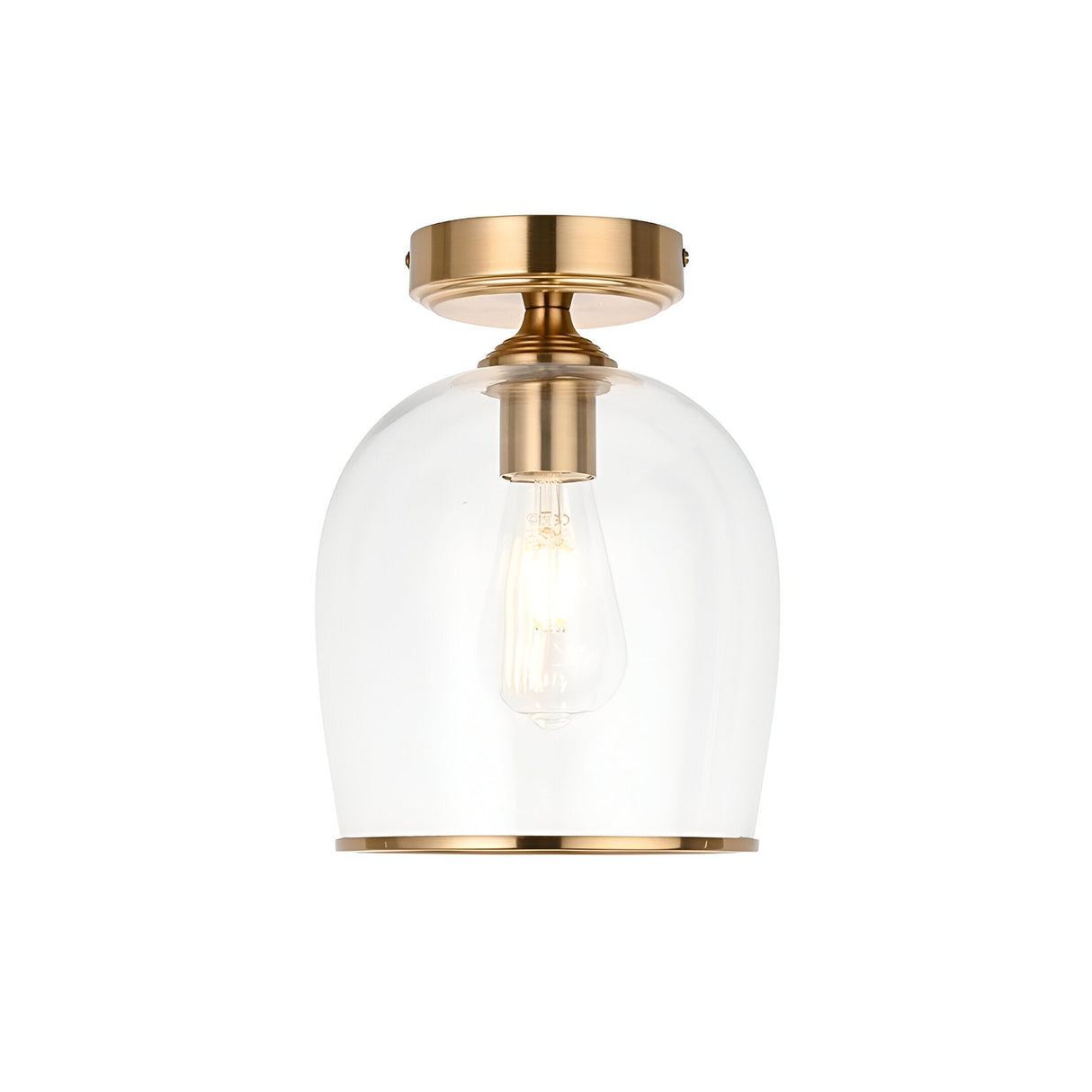 Halstead flush ceiling light in aged brass with a clear dome glass shade and exposed E27 bulb, shown on a plain white background.