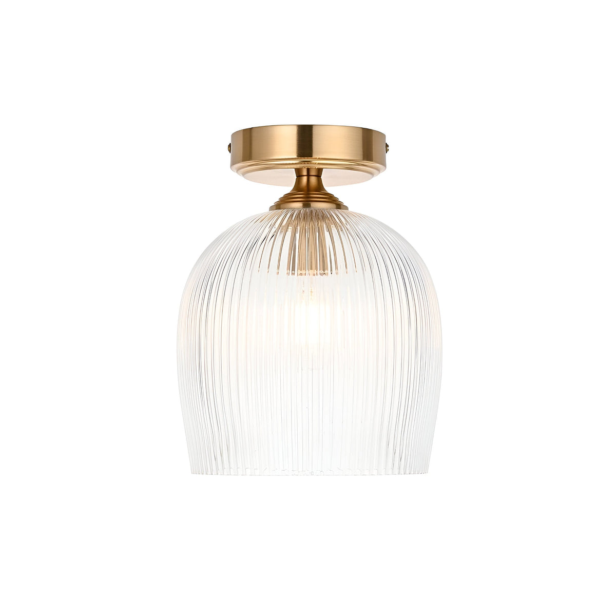 Endon Halstead flush ceiling light with a single ribbed glass dome shade and aged brass fitting, shown on a plain white background.