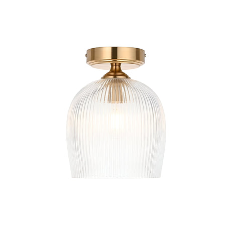 Endon Halstead flush ceiling light with a single ribbed glass dome shade and aged brass fitting, shown on a plain white background.