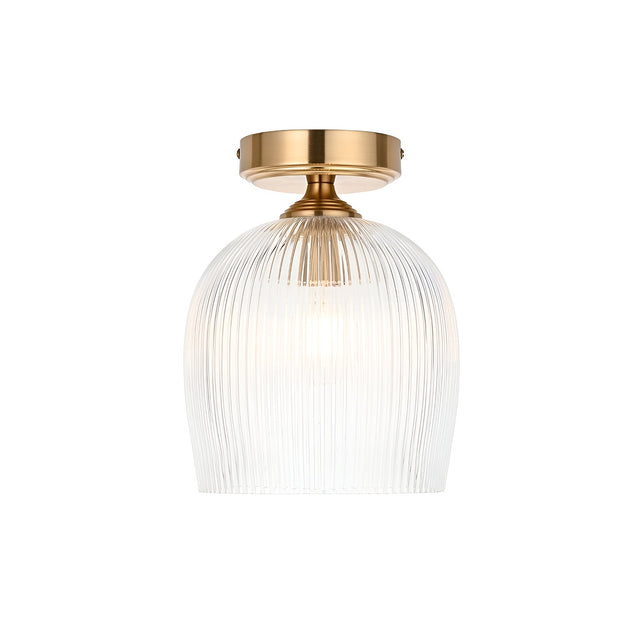 Endon Halstead flush ceiling light with a single ribbed glass dome shade and aged brass fitting, shown on a plain white background.