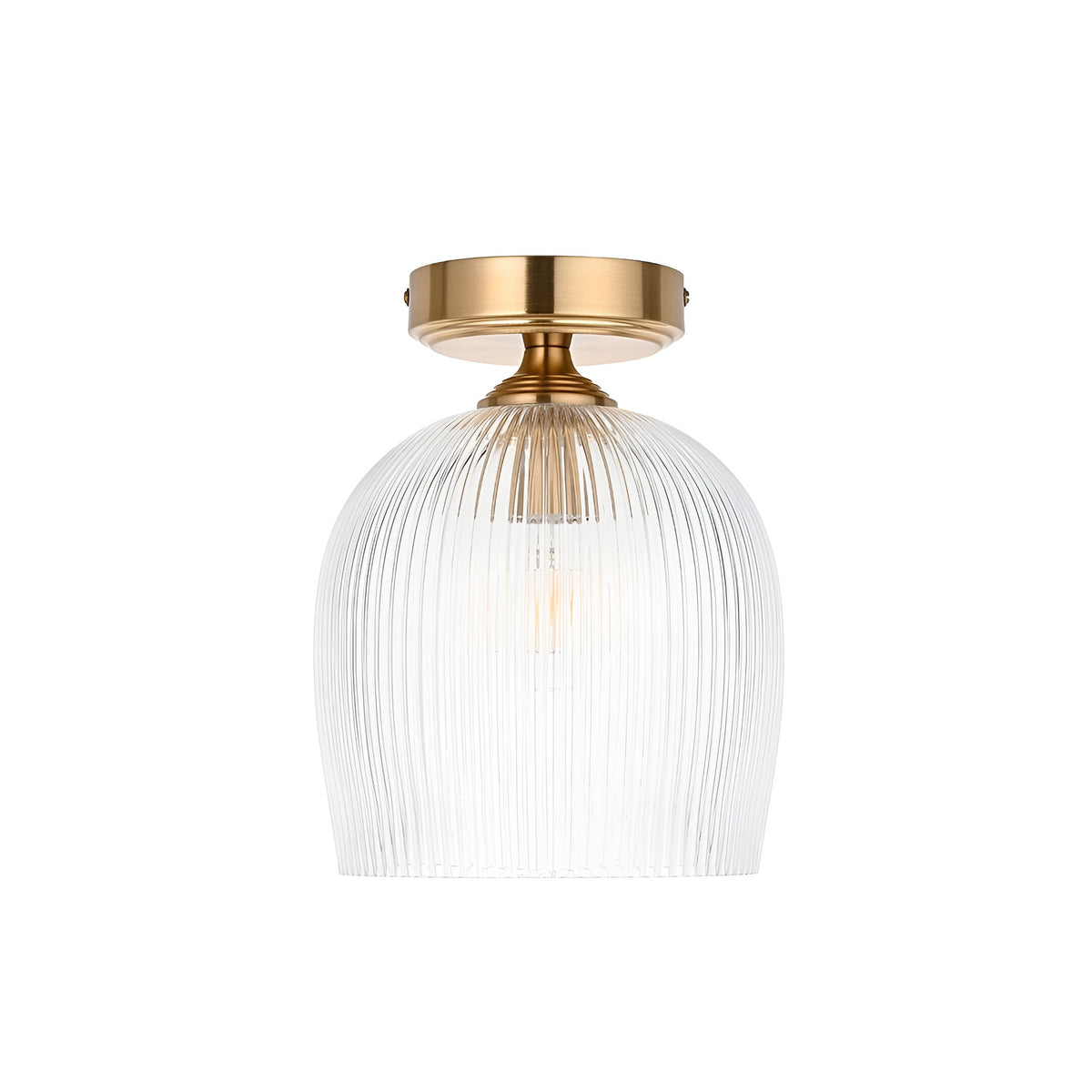 Endon Halstead flush ceiling light with ribbed clear glass dome shade and aged brass fitting, shown against a plain white background.