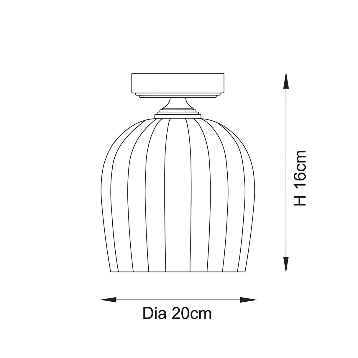 Dimension diagram of the Endon Halstead ribbed flush ceiling light showing a 20cm diameter and 16cm height on a plain white background.