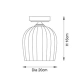Dimension diagram of the Endon Halstead ribbed flush ceiling light showing a 20cm diameter and 16cm height on a plain white background.
