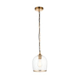 Halstead Pendant in Brass, single-light fixture with clear glass dome shade, brass edge trim, and chain suspension on black flex, shown on a white background.