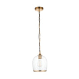 Halstead single pendant light in brass with a clear glass dome shade, exposed bulb, and adjustable chain, shown on a plain white background.