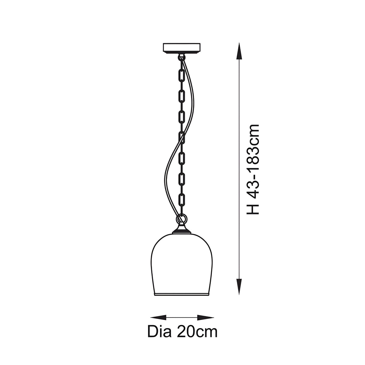 Technical line drawing of the Halstead single pendant light showing adjustable chain height 43-183cm and dome shade diameter 20cm, brass finish.