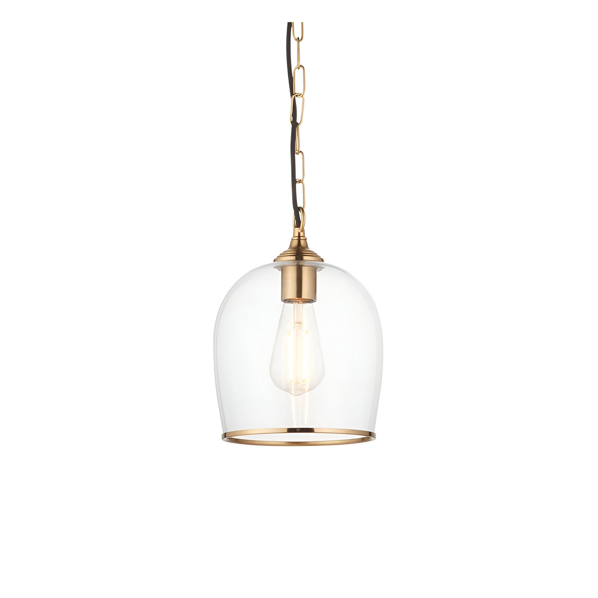 Halstead Pendant in brass with a clear glass dome shade, exposed bulb, and black chain suspension on a plain white background.
