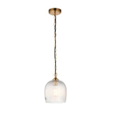 Endon Halstead Ribbed Pendant in brass with a fluted clear glass dome shade, suspended from a chain and black braided flex on a white background.
