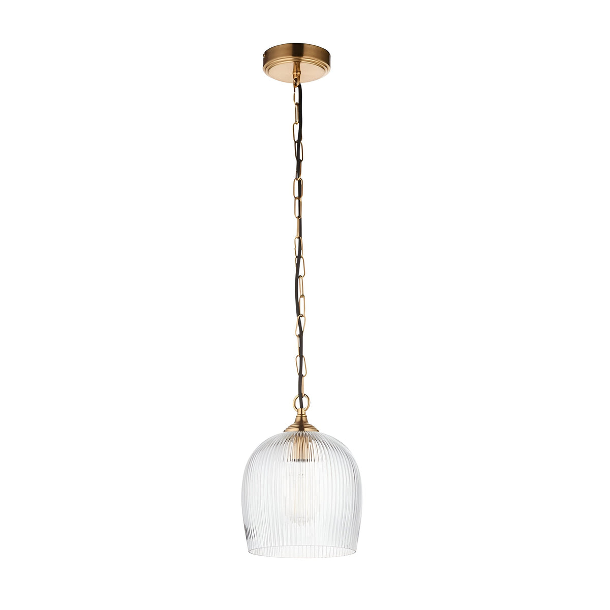 Endon Halstead Ribbed Pendant in brass with a fluted clear glass dome shade, suspended from a chain and black braided flex on a white background.