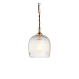 Endon Halstead ribbed single pendant light with fluted clear glass dome shade and brass fitting on a chain suspension, shown on a white background.