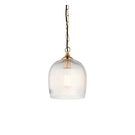 Endon Halstead ribbed single pendant light with fluted clear glass dome shade and brass fitting on a chain suspension, shown on a white background.