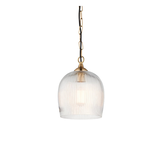Endon Halstead ribbed single pendant light with fluted clear glass dome shade and brass fitting on a chain suspension, shown on a white background.