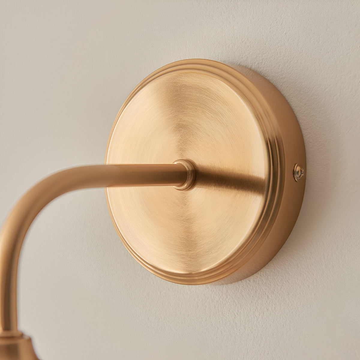 Close-up of the Halstead Wall Light in brass, showing the round backplate, curved arm, brushed antique brass finish, and fixing screw.