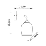 Halstead Wall Light in Brass, line drawing of single-arm design with round back plate and domed glass shade, H26.5cm, D20cm, W12.5cm.