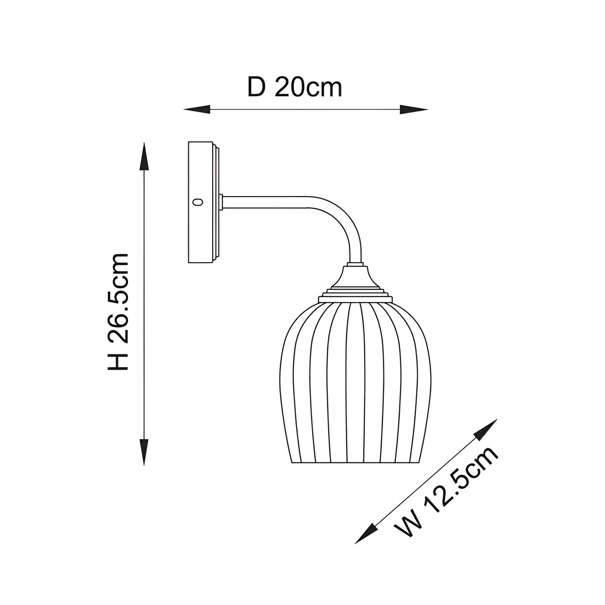 Dimensioned line drawing of the Endon Halstead ribbed wall light showing 26.5cm height, 20cm projection and 12.5cm width.