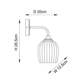 Dimensioned line drawing of the Endon Halstead ribbed wall light showing 26.5cm height, 20cm projection and 12.5cm width.