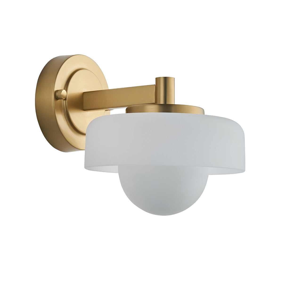 Endon Ashby wall light in brushed aged brass with a frosted glass outer shade and matt opal glass sphere, shown on a plain white background.