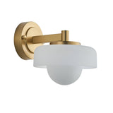 Endon Ashby wall light in brushed aged brass with a frosted glass outer shade and matt opal glass sphere, shown on a plain white background.