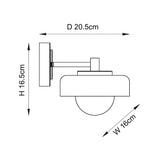 Endon Ashby wall light technical diagram showing dimensions of 16.5cm height, 20.5cm projection, and 16cm width on a plain background.