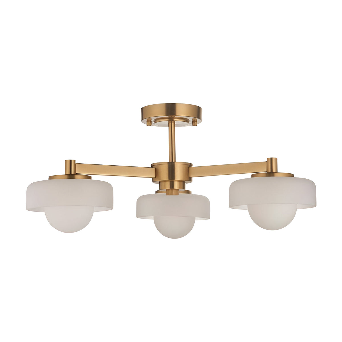Endon Ashby 3 light semi-flush ceiling light in aged brass with three white glass shades on angled arms, shown on a plain white background.