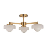 Endon Ashby 3 light semi-flush ceiling light in aged brass with three white glass shades on angled arms, shown on a plain white background.