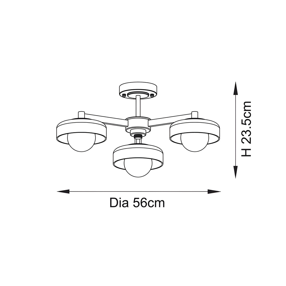 Dimension diagram of the Endon Ashby 3 Light Semi-Flush Ceiling Light showing 56cm diameter and 23.5cm height on a plain white background.