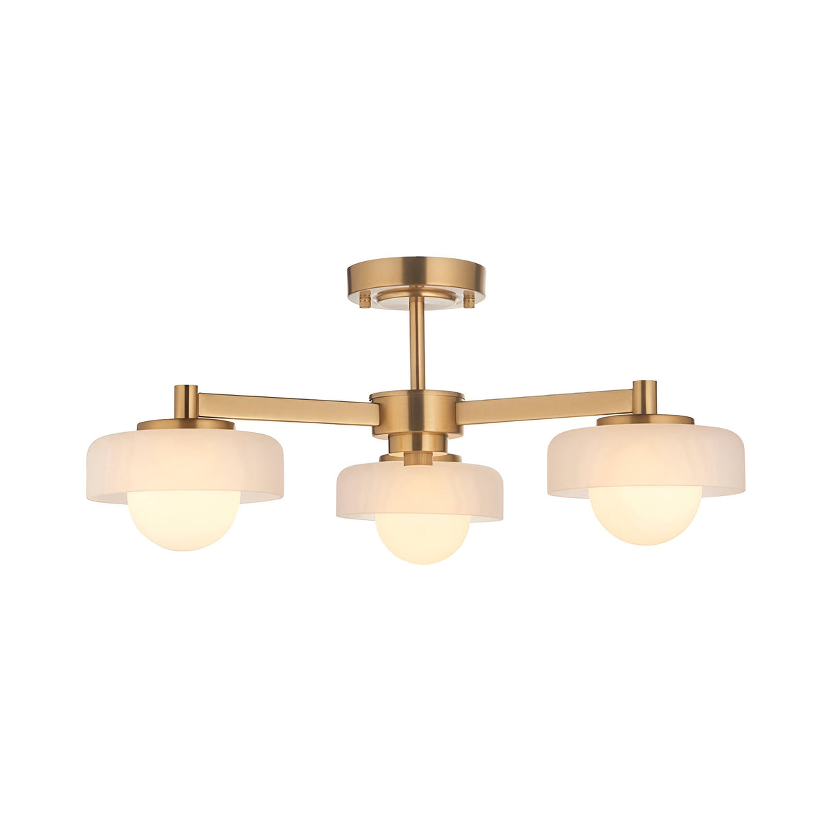 Endon Ashby 3 light semi-flush ceiling light in aged brass with three white glass shades on radial arms, shown on a plain white background.