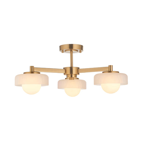 Endon Ashby 3 light semi-flush ceiling light in aged brass with three white glass shades on radial arms, shown on a plain white background.