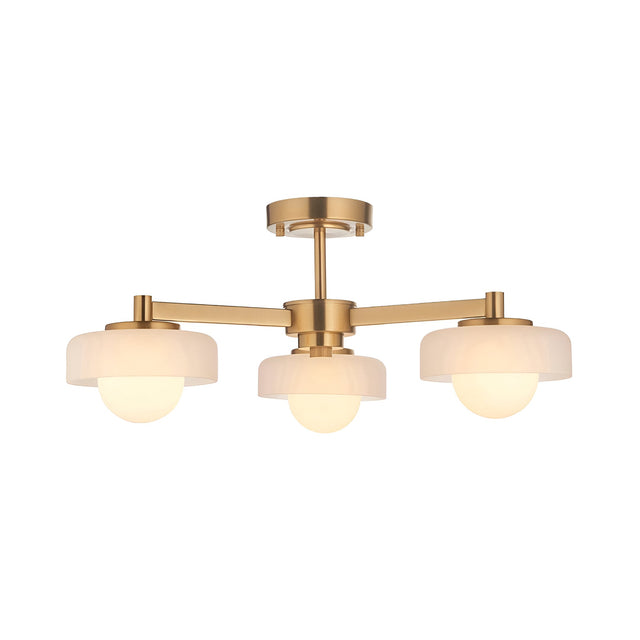Endon Ashby 3 light semi-flush ceiling light in aged brass with three white glass shades on radial arms, shown on a plain white background.
